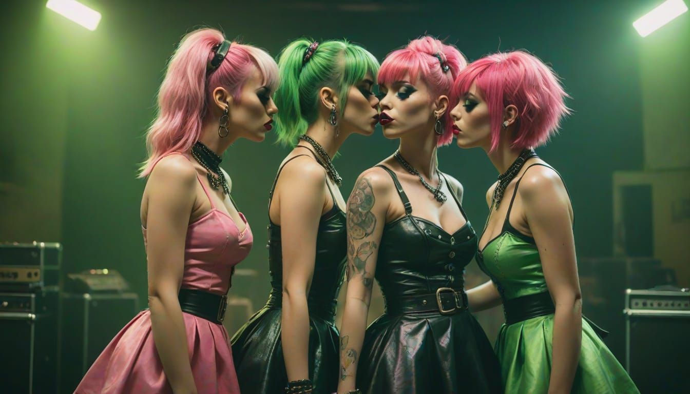 Punk Rock Girls Kissing in 1980s Style Dresses