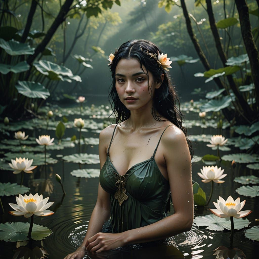 Mysterious Summer Nymph in Lotus-Adorned Waters