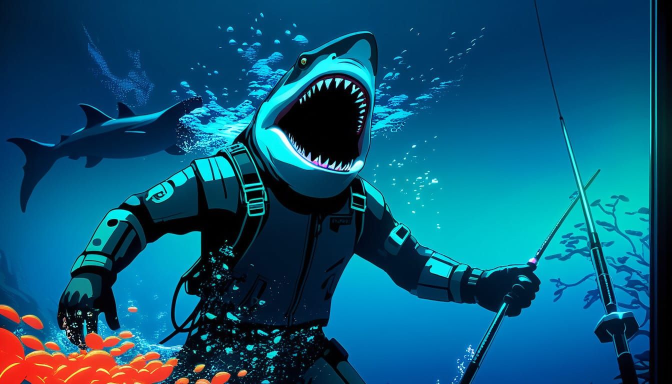 Sleek Diver Reels in Cyberpunk Megalodon from Vibrant Roblox...