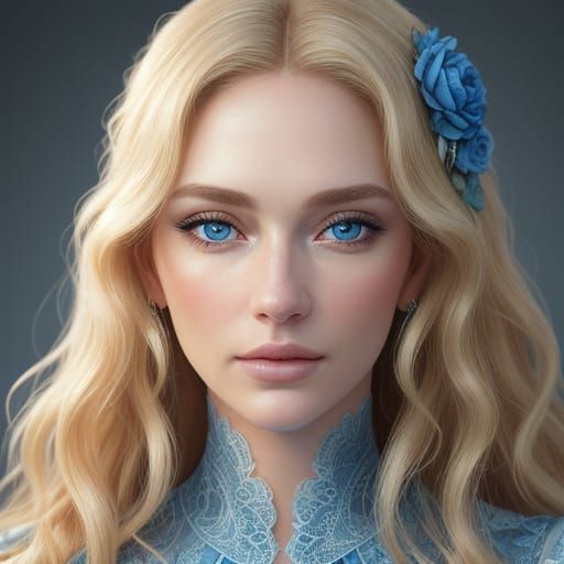 Hyper-Realistic Fashion Portrait in Elegant Blue Lace Gown