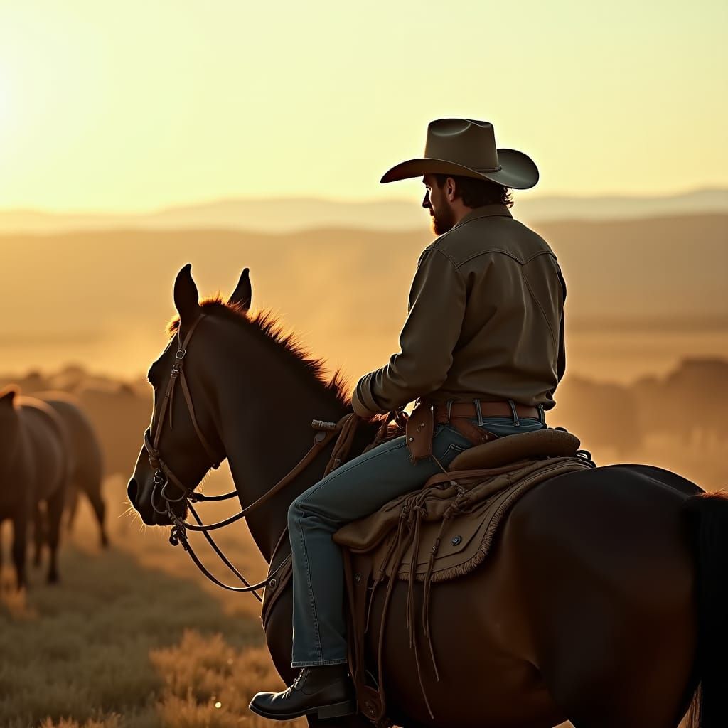 Cowboy and Herd at Sunset: Cinematic Western Scene