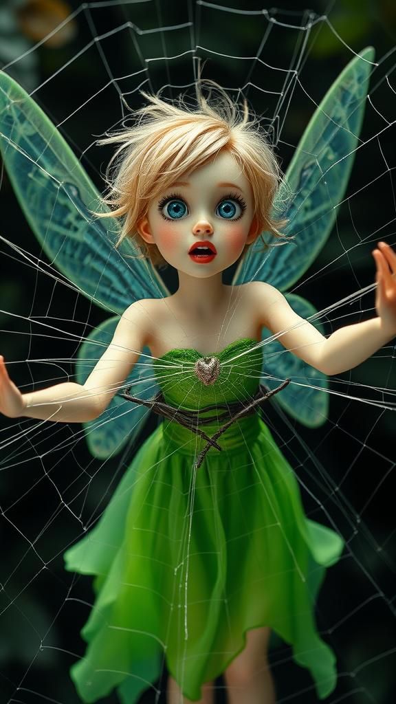 Frightened Fairy Trapped in Spiderweb: Digital Illustration