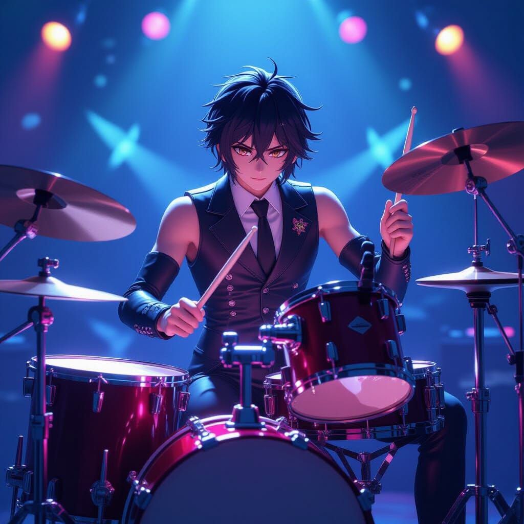 Anime Drummer in Vibrant Concert, 3D Art Style
