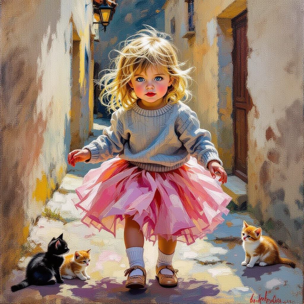Impasto Oil Painting of Girl Playing With Kittens