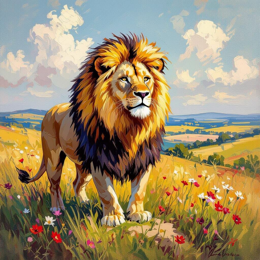 Lion with Wildflower Mane in Neo-Impressionistic Style
