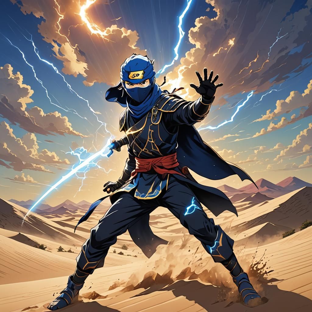 Ninja with Lightning Powers on Dunes in Manga Style