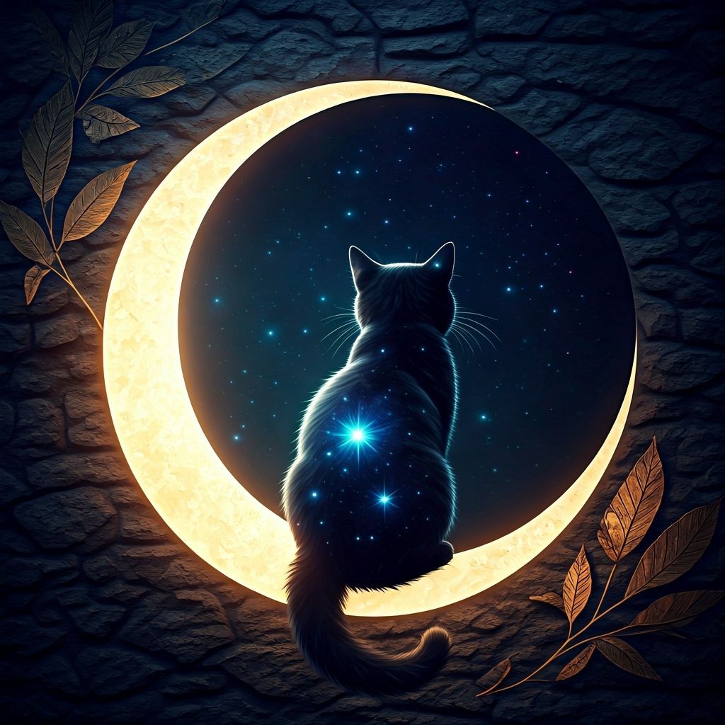 Black Cat Gazing at Bioluminescent Stars in Hyperrealism