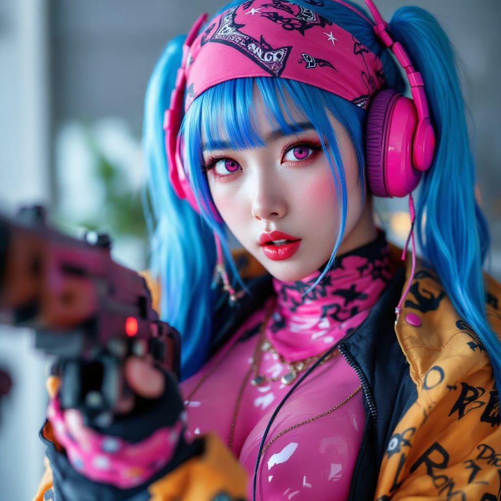 Kpop Idol in Latex Bodysuit with Rifle