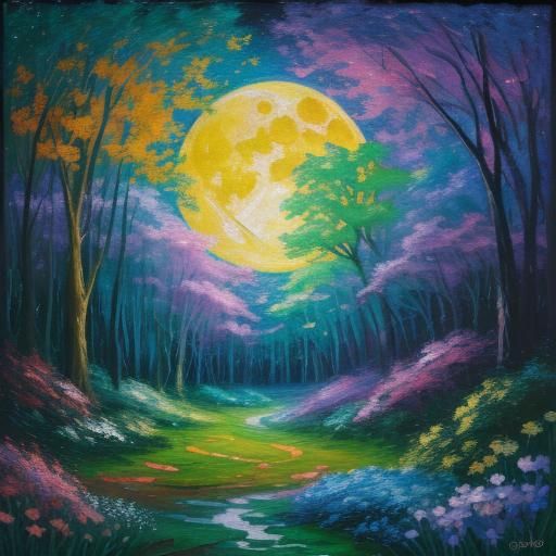 Moonlit Anime Forest in Expressionist Oil Painting Style