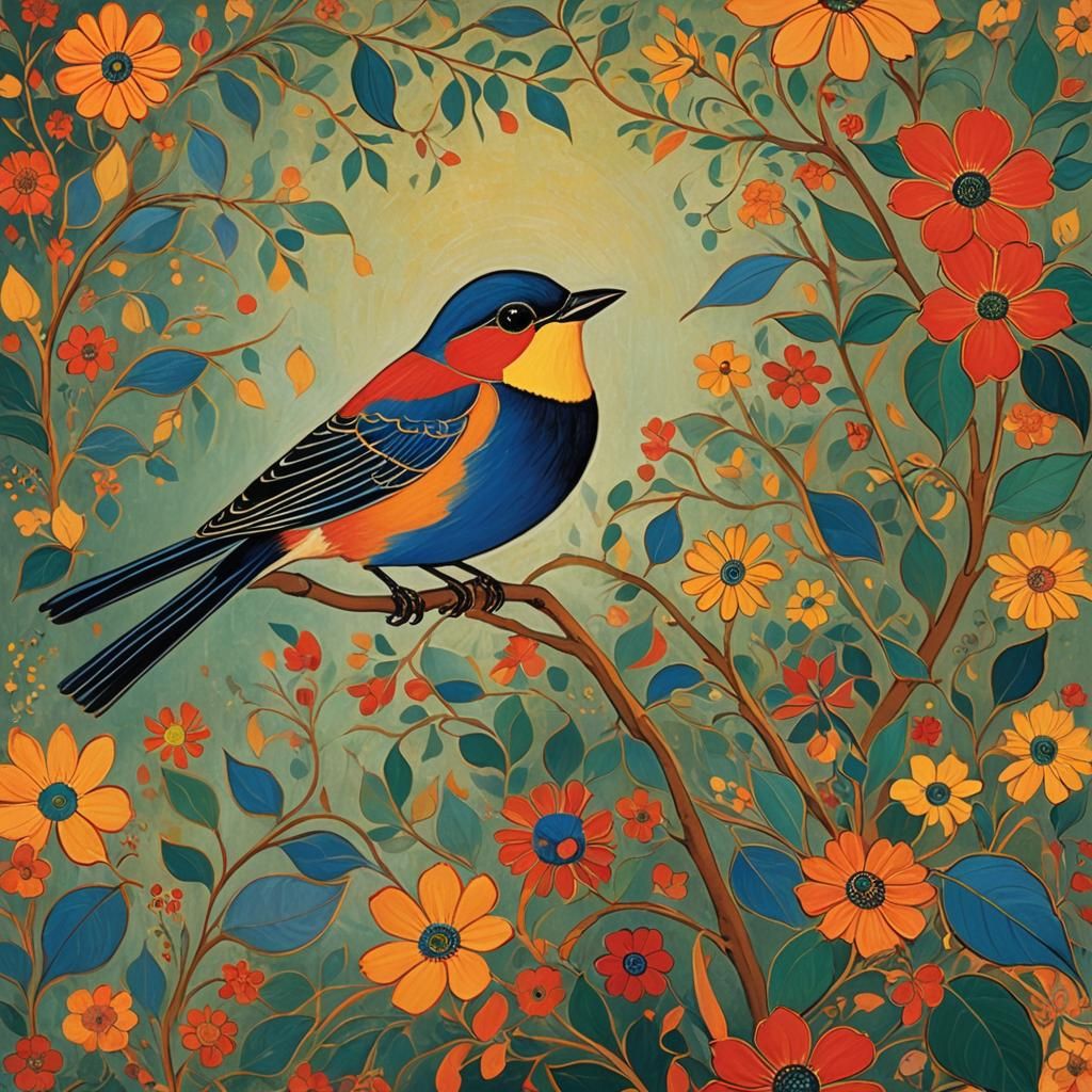 Colorful Bird in Art Nouveau Style