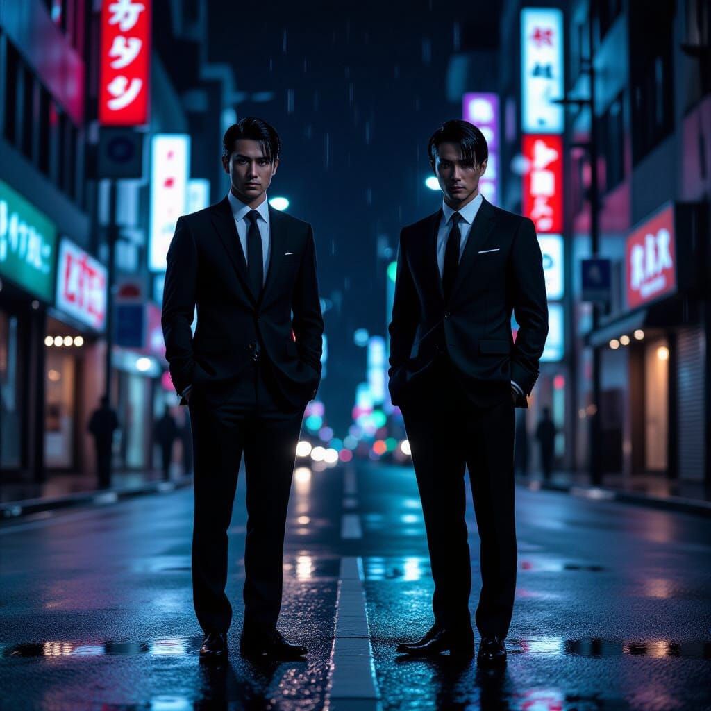 Two Men in Suits on Rainy Neon City Street at Night
