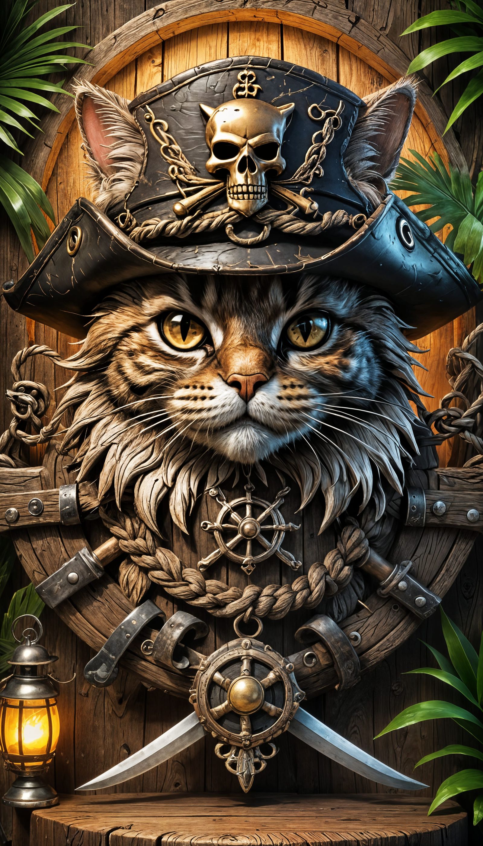 3D Pirate Kitty Logo on Weathered Wood