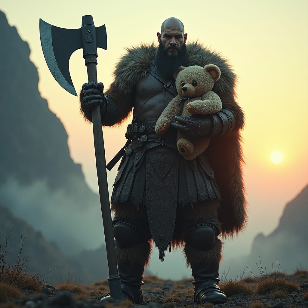 Barbarian Warrior Cradling Teddy Bear: Cinematic Film Still