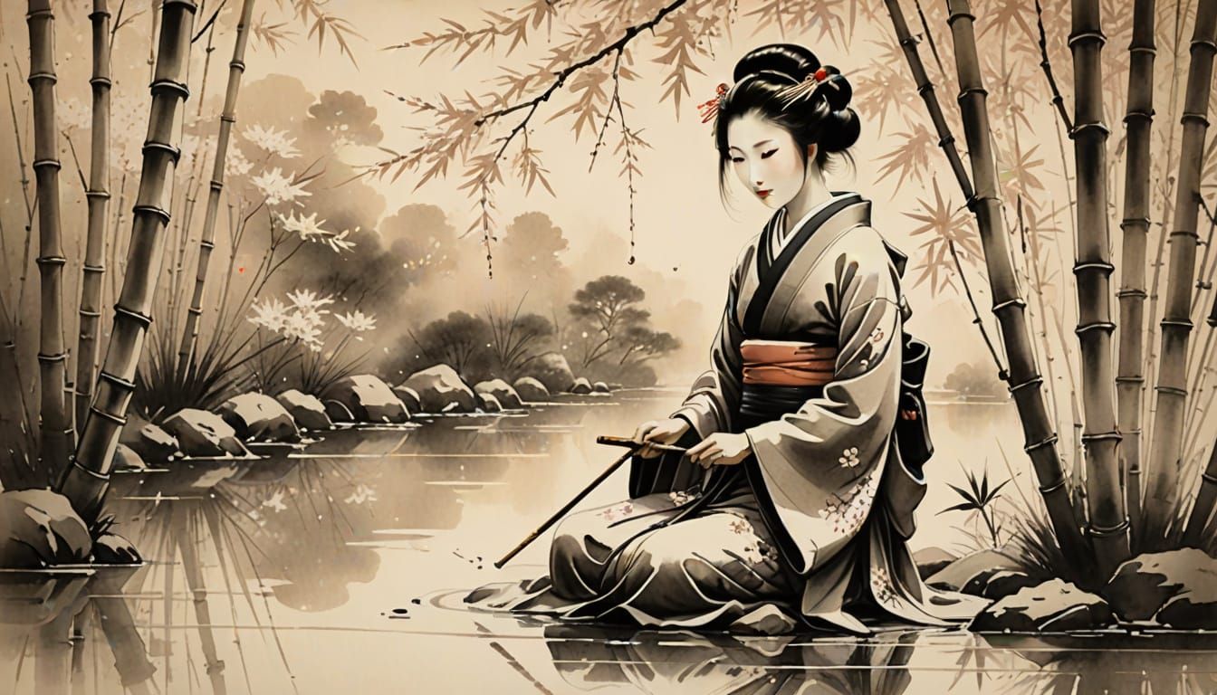 Geisha in Bamboo Garden: Japanese Ink Wash Painting