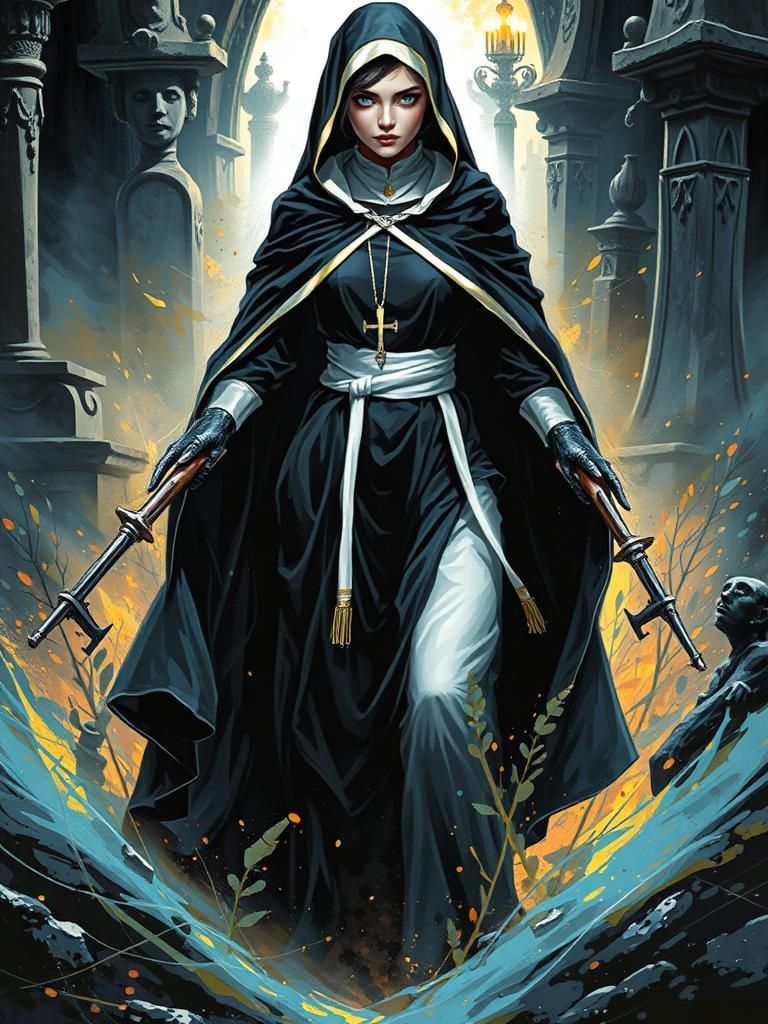 Mischievous Nun in Cemetery: Art Nouveau Portrait