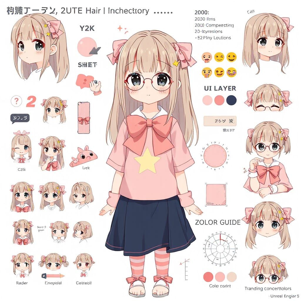 Cute Anime Girl Character Sheet in Y2K Style