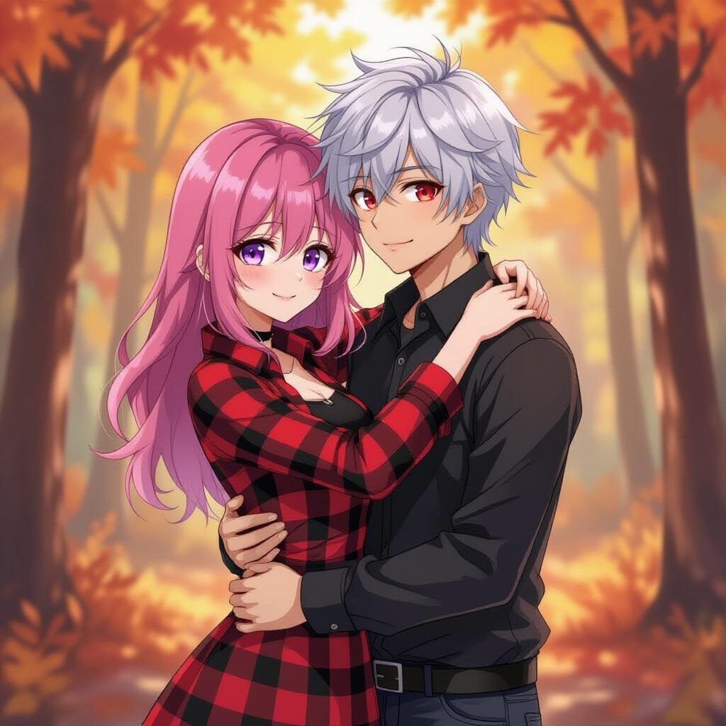 Anime Couple Hugging in Fall Forest - Alcohol Ink Style