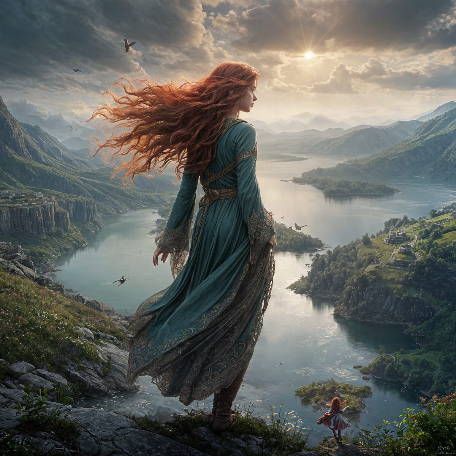 Mystical Lake Scene with Red-Haired Woman