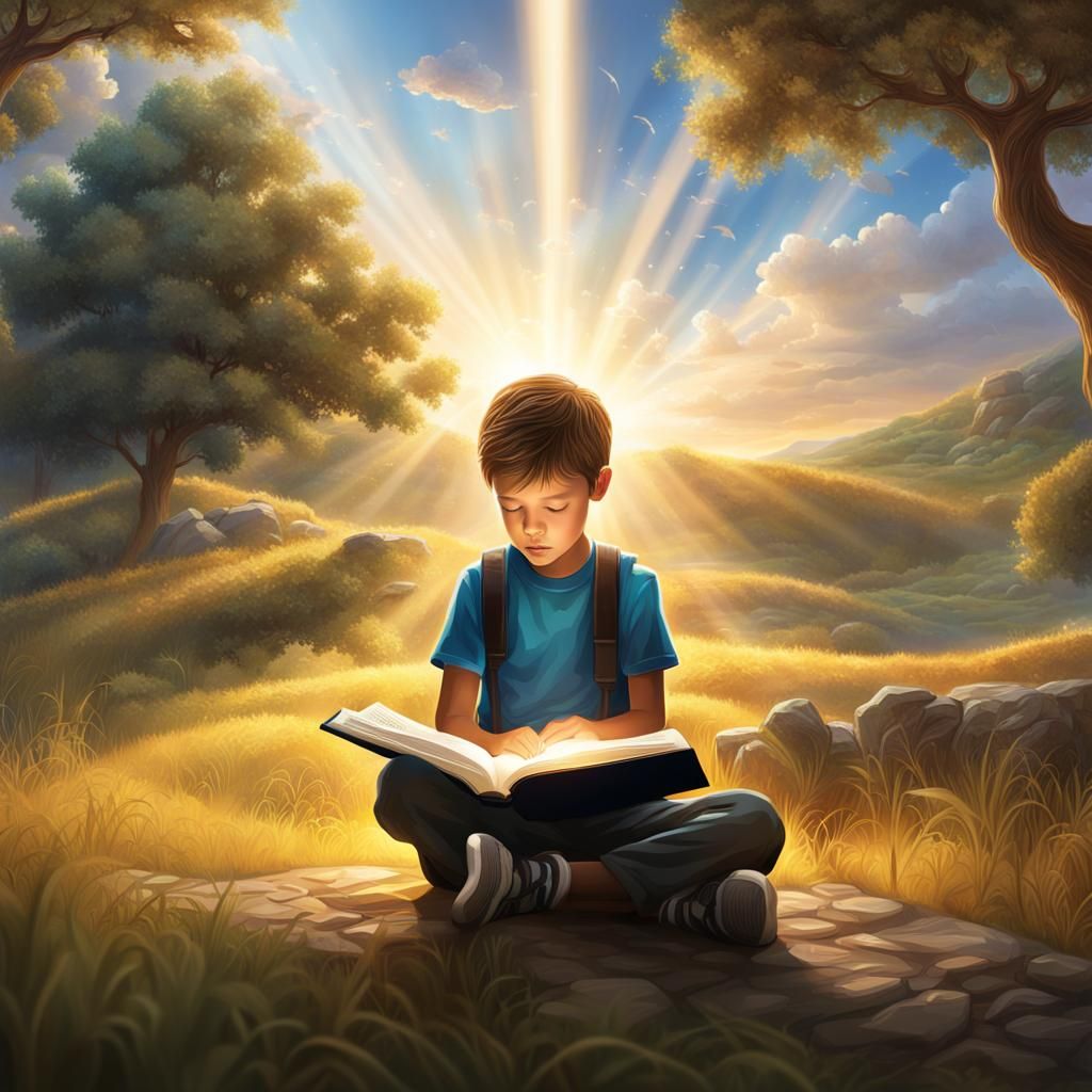 Child Reading Bible in Hyperrealistic Landscape