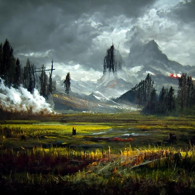 Eerie River Valley with Eight Peaks: Oil Painting