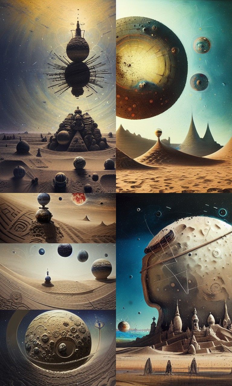 Sandcastle Planet in Space: A Hyperrealistic Ink Painting