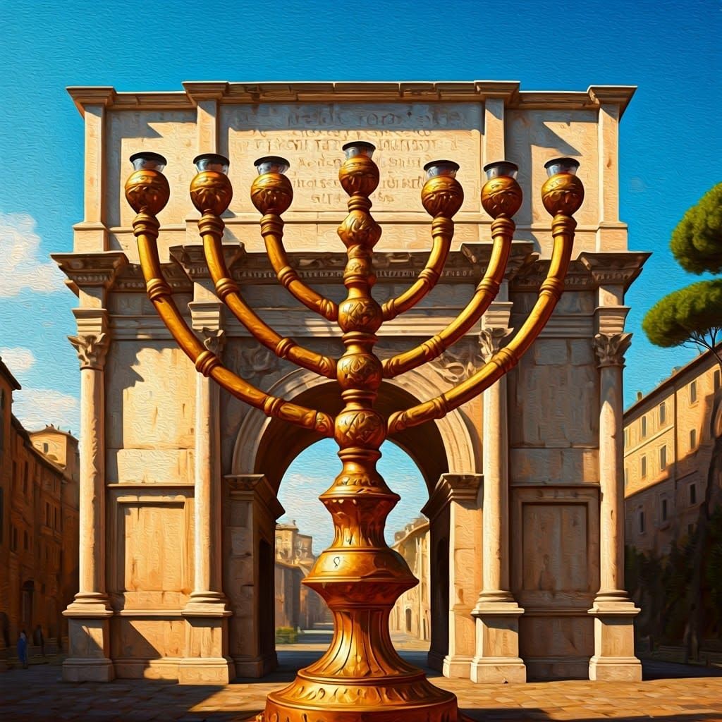 Ancient Menorah at the Gate of Titus in Vibrant Oil Painting...