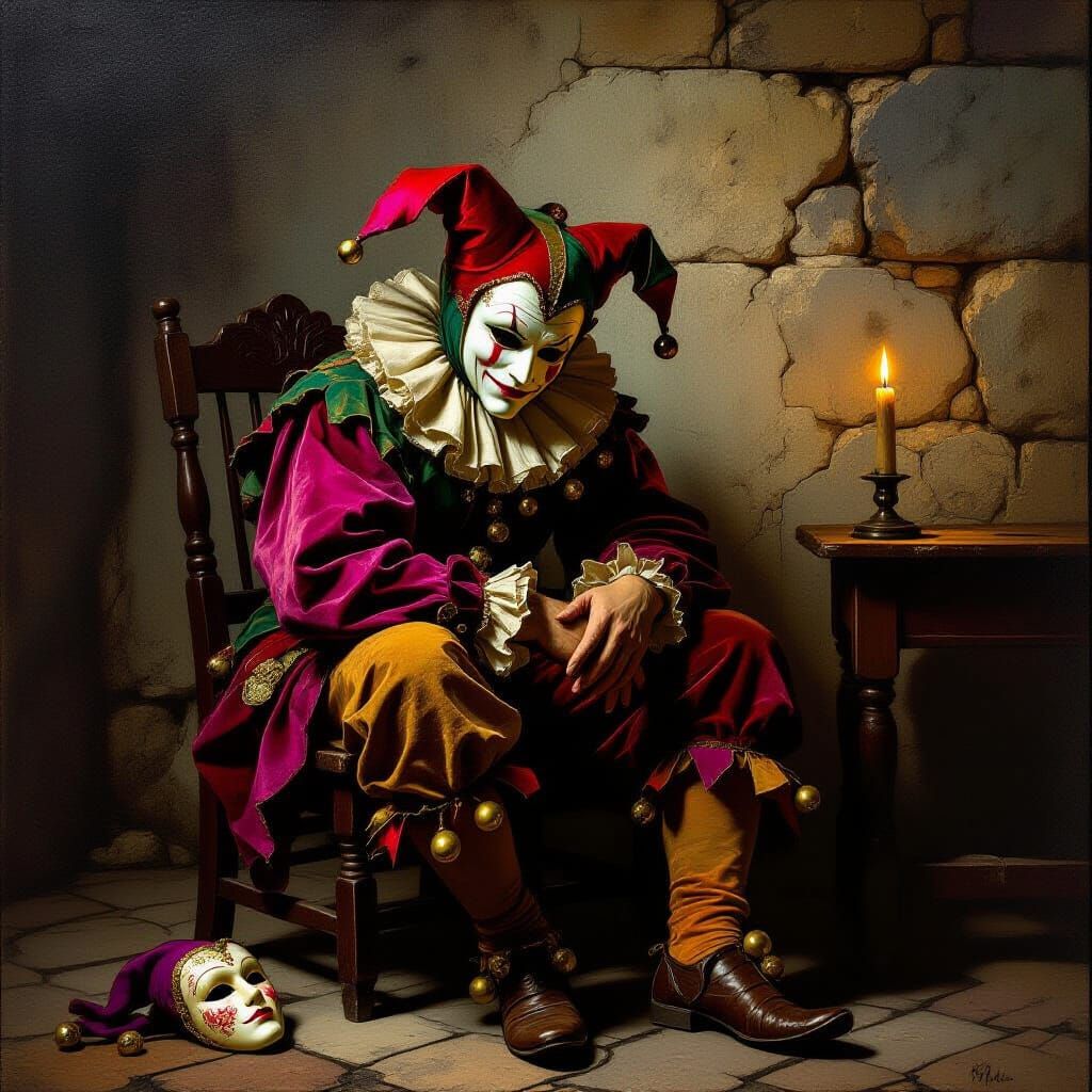 Melancholic Jester in Dimly Lit Room