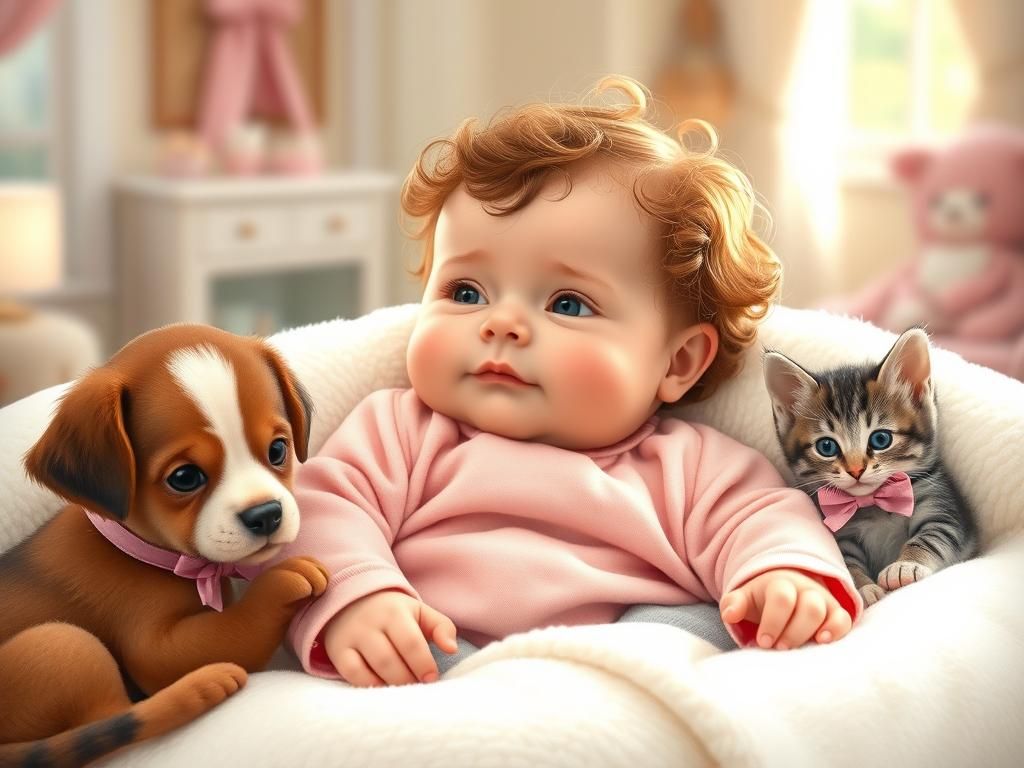 cute and adorable baby with puppy and kitten