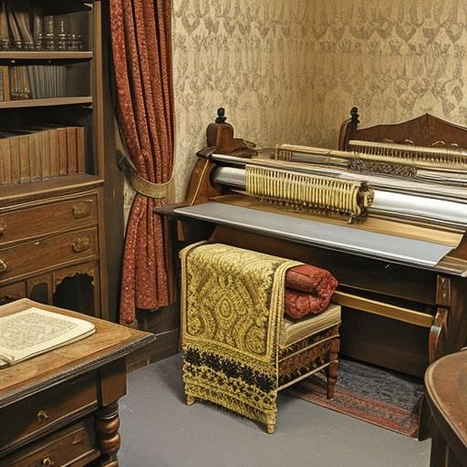Jacquard Loom Weaving Damask in Small Room