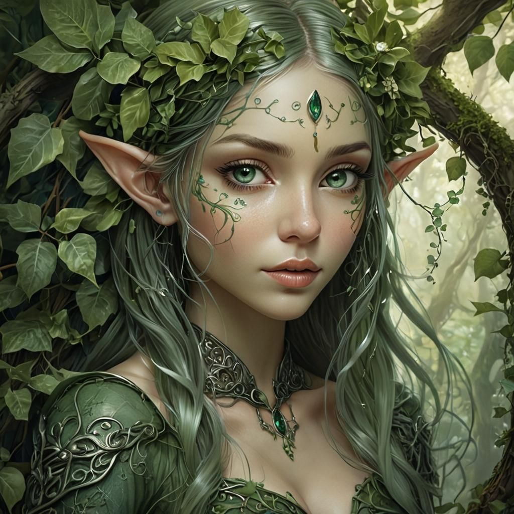 Mystical Green Elf in Ethereal Forest, Fantasy Art