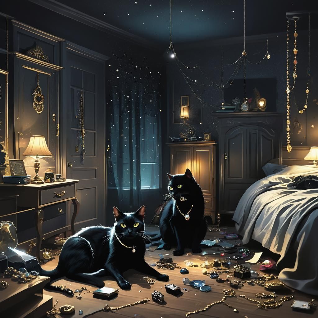 Black Cat Burglar in Ransacked Bedroom