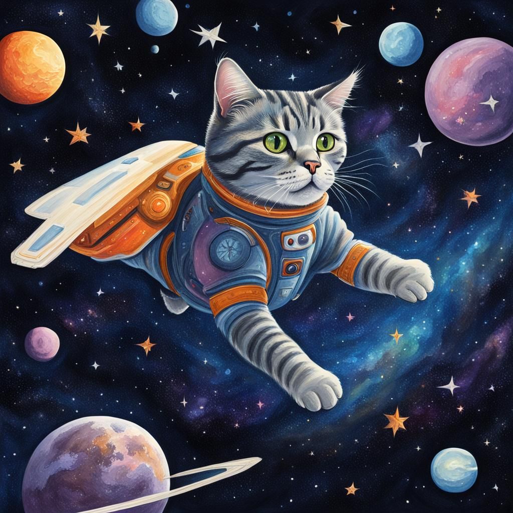 Galaxy Cat's Flight: A Gouache Space Painting