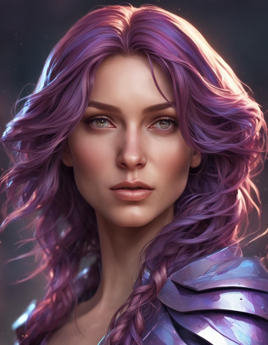 Futuristic Woman with Purple Hair in Cyberpunk City