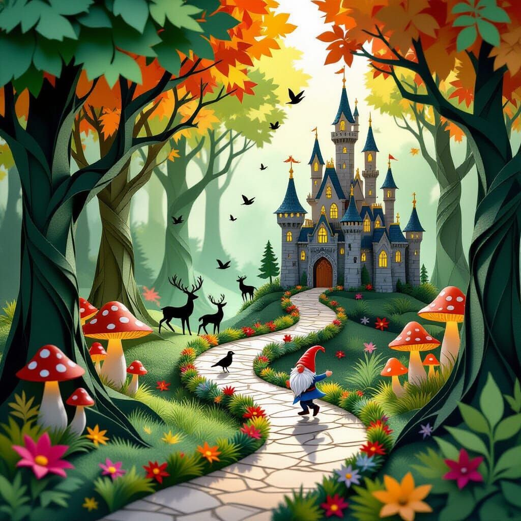 Enchanted Kirigami Forest Diorama with Castle and Gnome