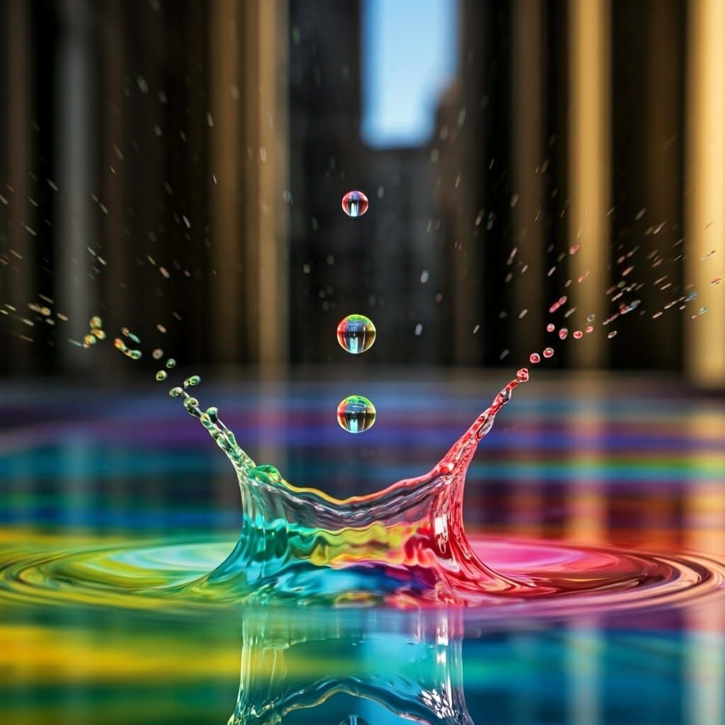 Rainbow Water Drop Splashing in Colorful City