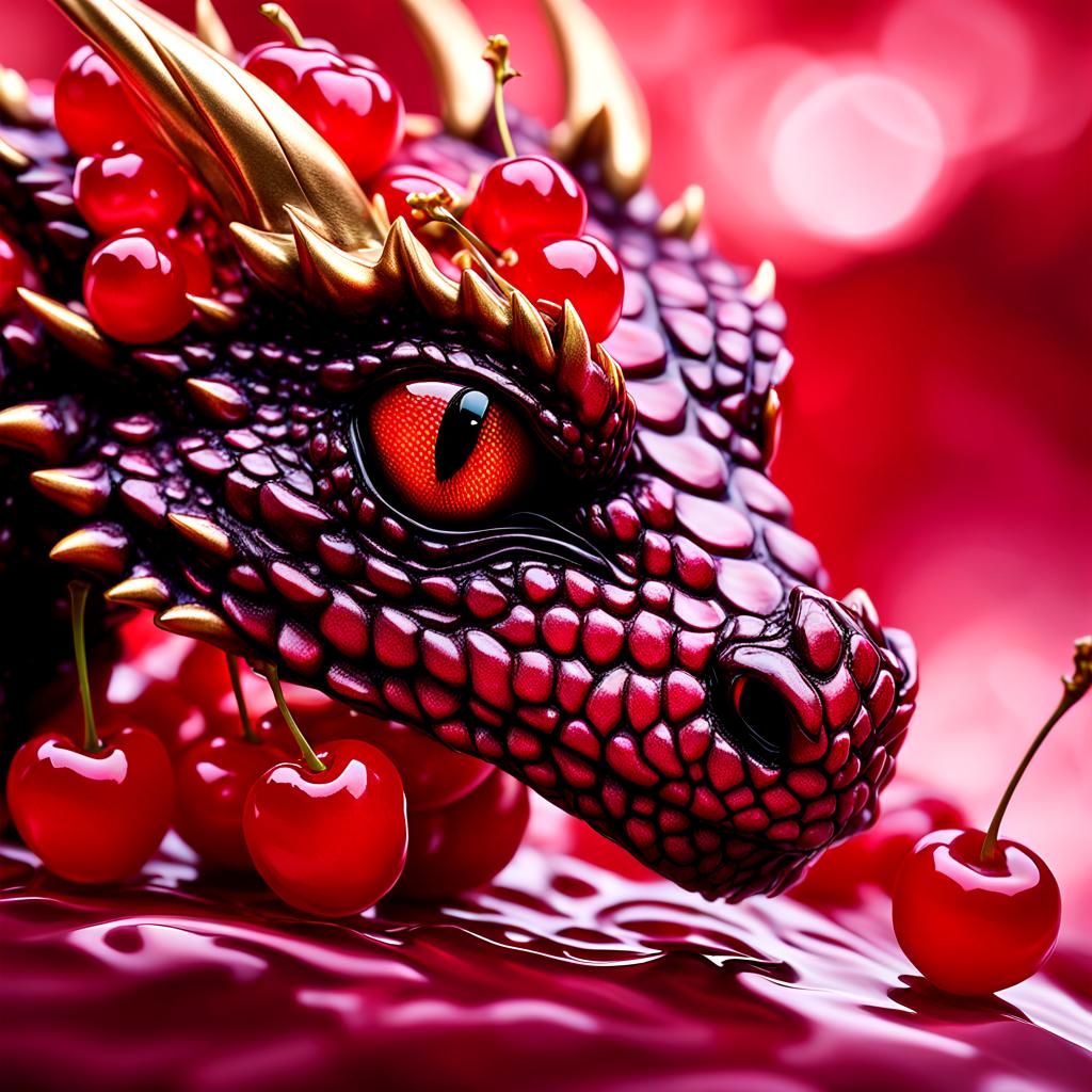 Tiny Dragon and Cherry Fusion in Surreal Macro