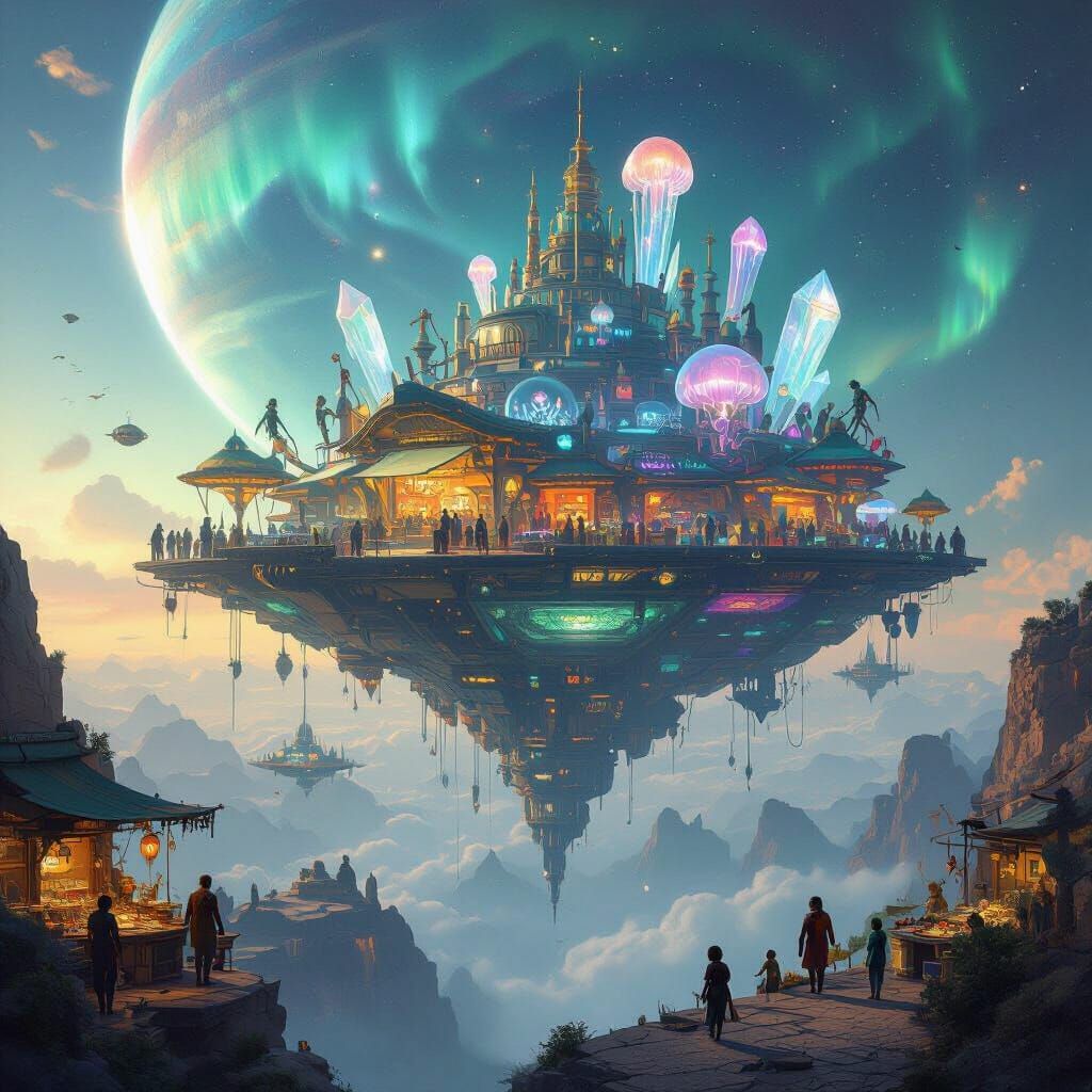 Dazzling Alien Bazaar Above Gas Giant in Sci-Fi Style