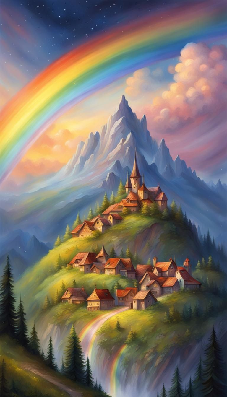 Fantasy Village Rainbow in Atmospheric Oil Painting