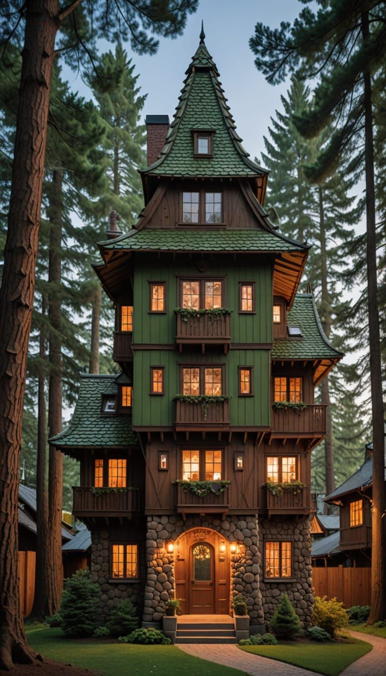 Whimsical Pine Tree House in Folk Art Style