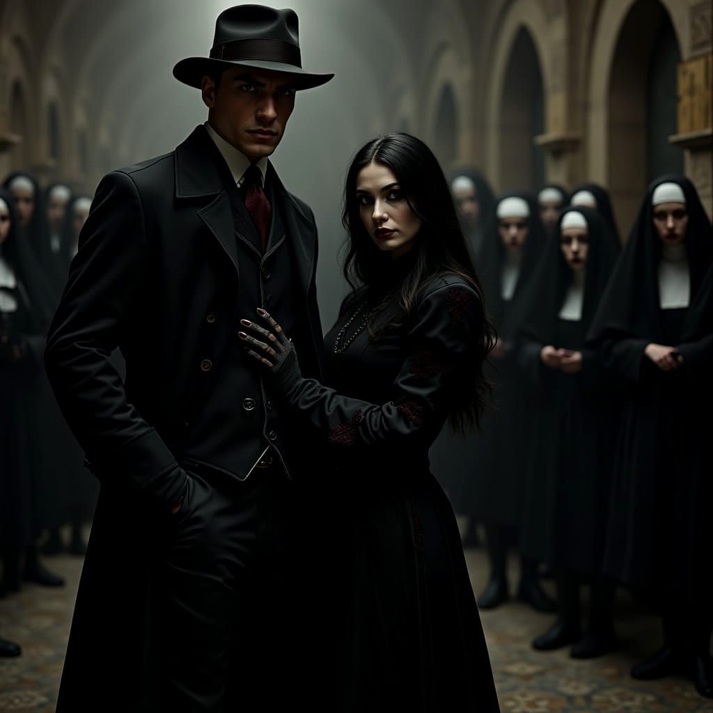 Sinister Gentleman and Gothic Vampire in Steampunk Abbey