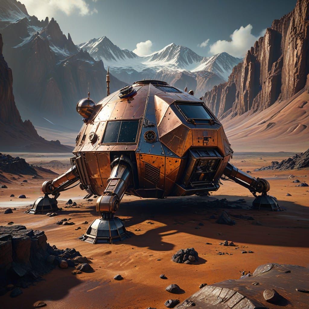 Steampunk Lunar Lander on Alien Planet in Oil Painting