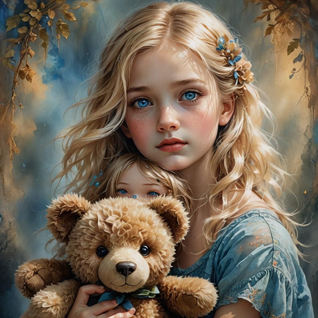 Blonde Girl with Teddy Bear: Digital Watercolor Masterpiece