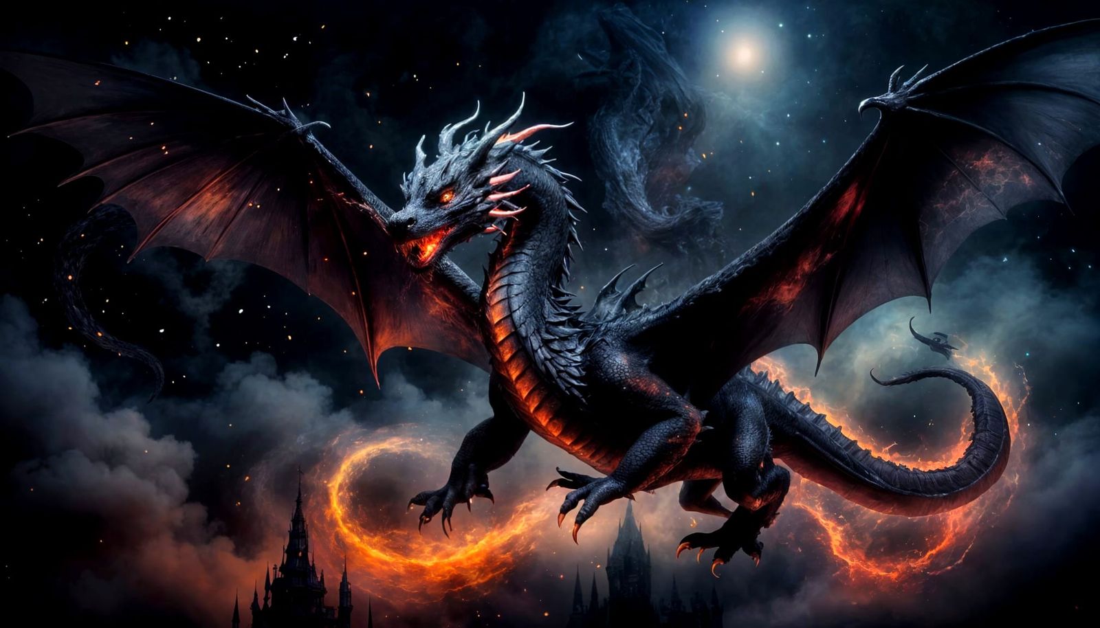 Black Dragon Soaring in Ethereal Realm: Sfumato Painting