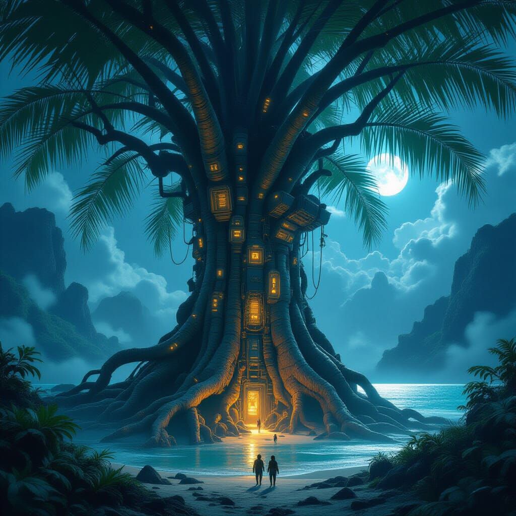 Colossal Ancient Coconut Tree Over Ocean in Dark Fantasy Sty...