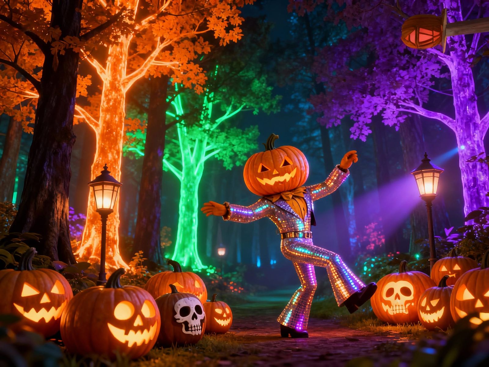 Disco Pumpkin Man Dances in Enchanted Bioluminescent Forest