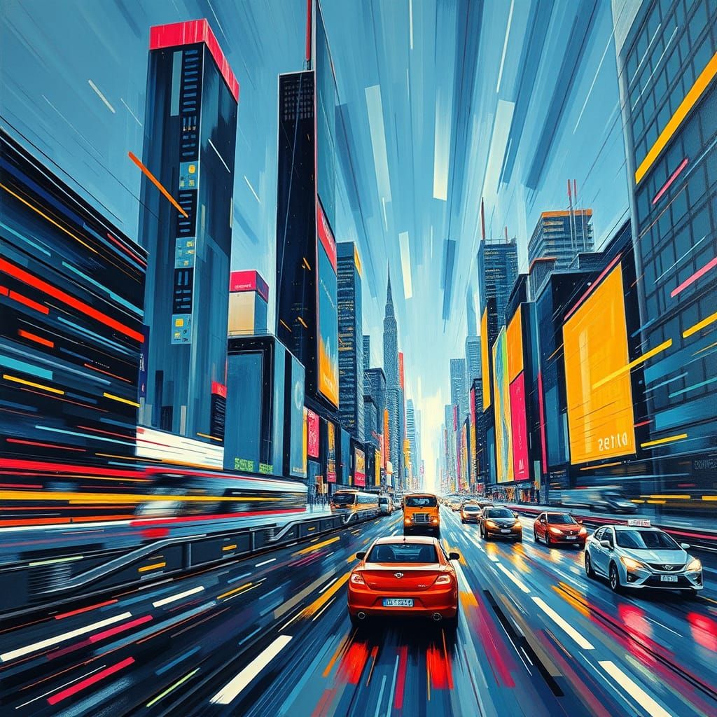 Futurist Cityscape with Dynamic Lines and Vibrant Colors