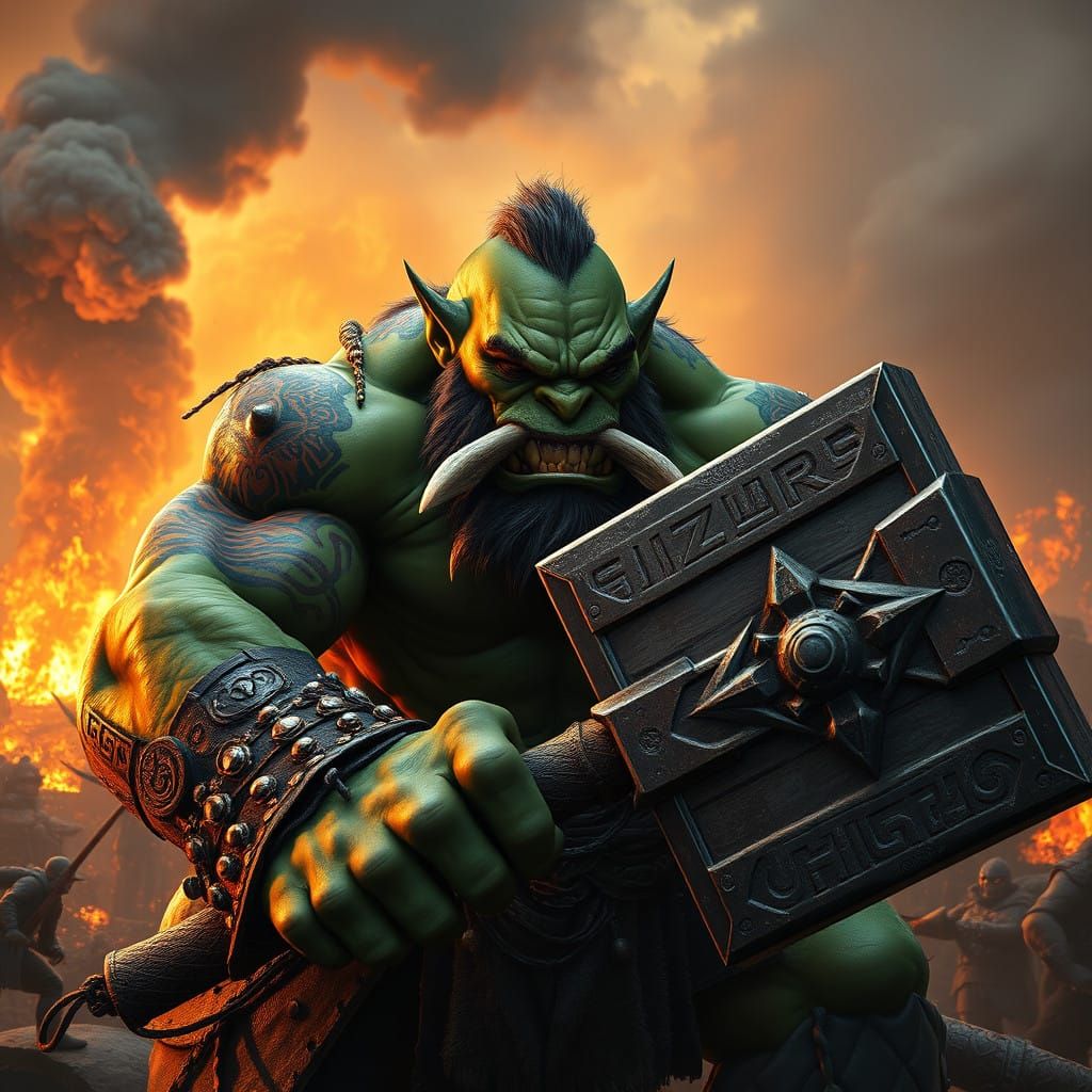 Battle-hardened Green Orc Warrior in Epic Fantasy Landscape