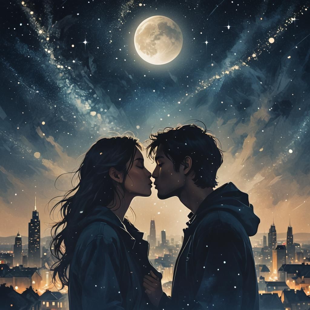 Romantic Kiss Under Starry Sky: Cinematic Digital Art