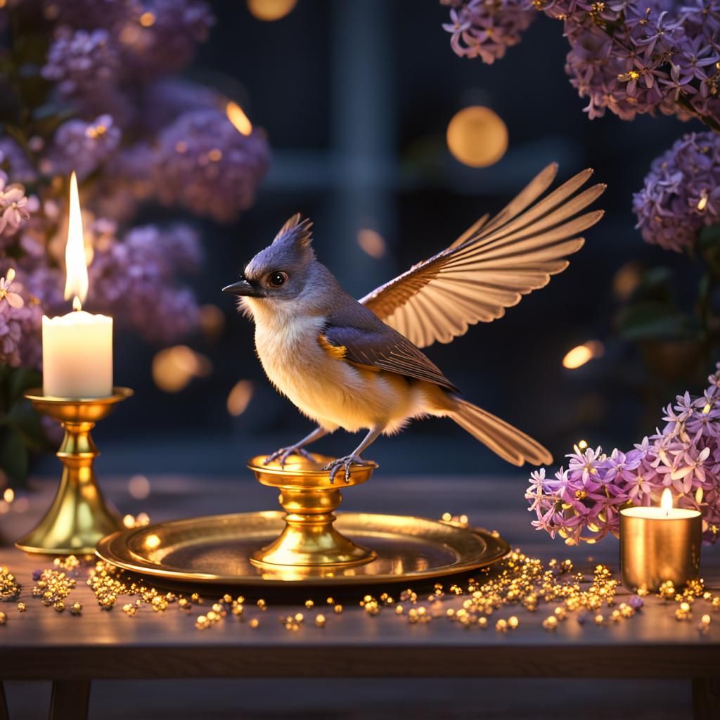 Tufted Titmouse Among Golden Candlesticks at Night