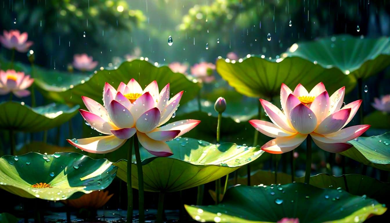 Serene Lotus Blooms on Glistening Pond